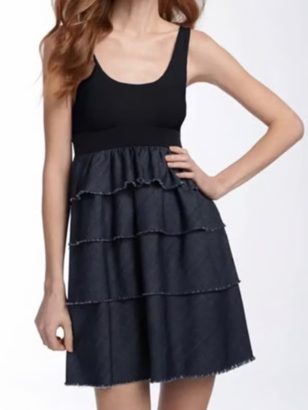 Theory Calentha Greece Dress Size S Black Tank Denim Tiered Ruffle Mini 34"